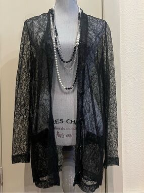 Sari Gueron Black Floral Lace Sheer Cardigan